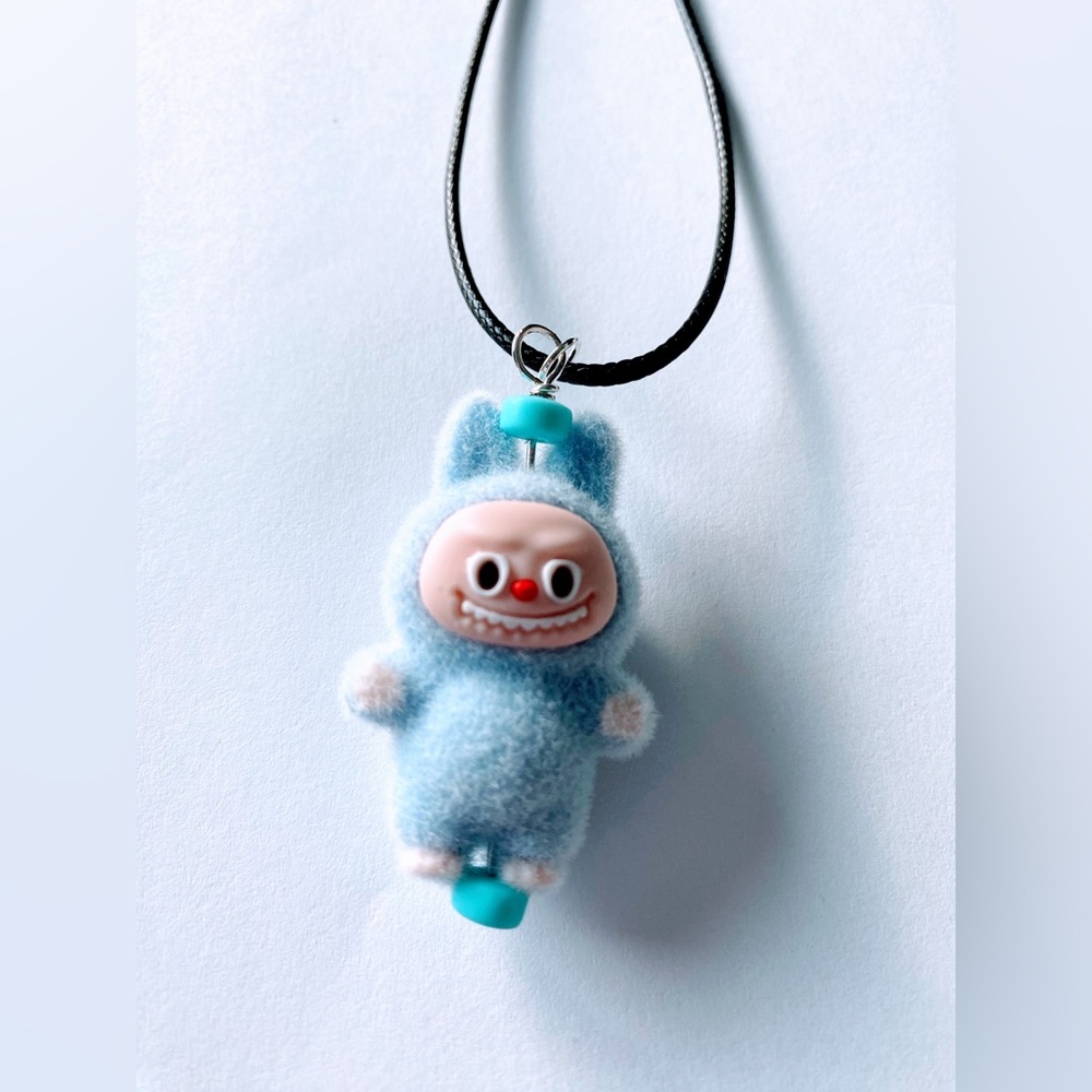 Cute Blue Fuzzy Labubu Pendant Necklace